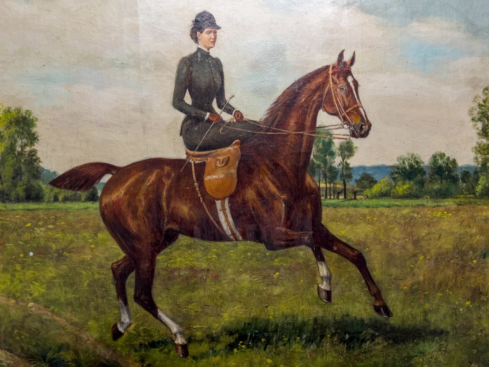 19th Century Oil On Canvas Painting Of A Lady Riding A Horse Side Saddle  View II