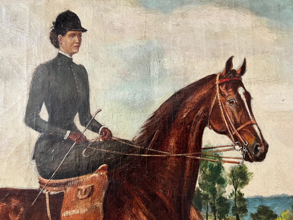 19th Century Oil On Canvas Painting Of A Lady Riding A Horse Side Saddle  View III