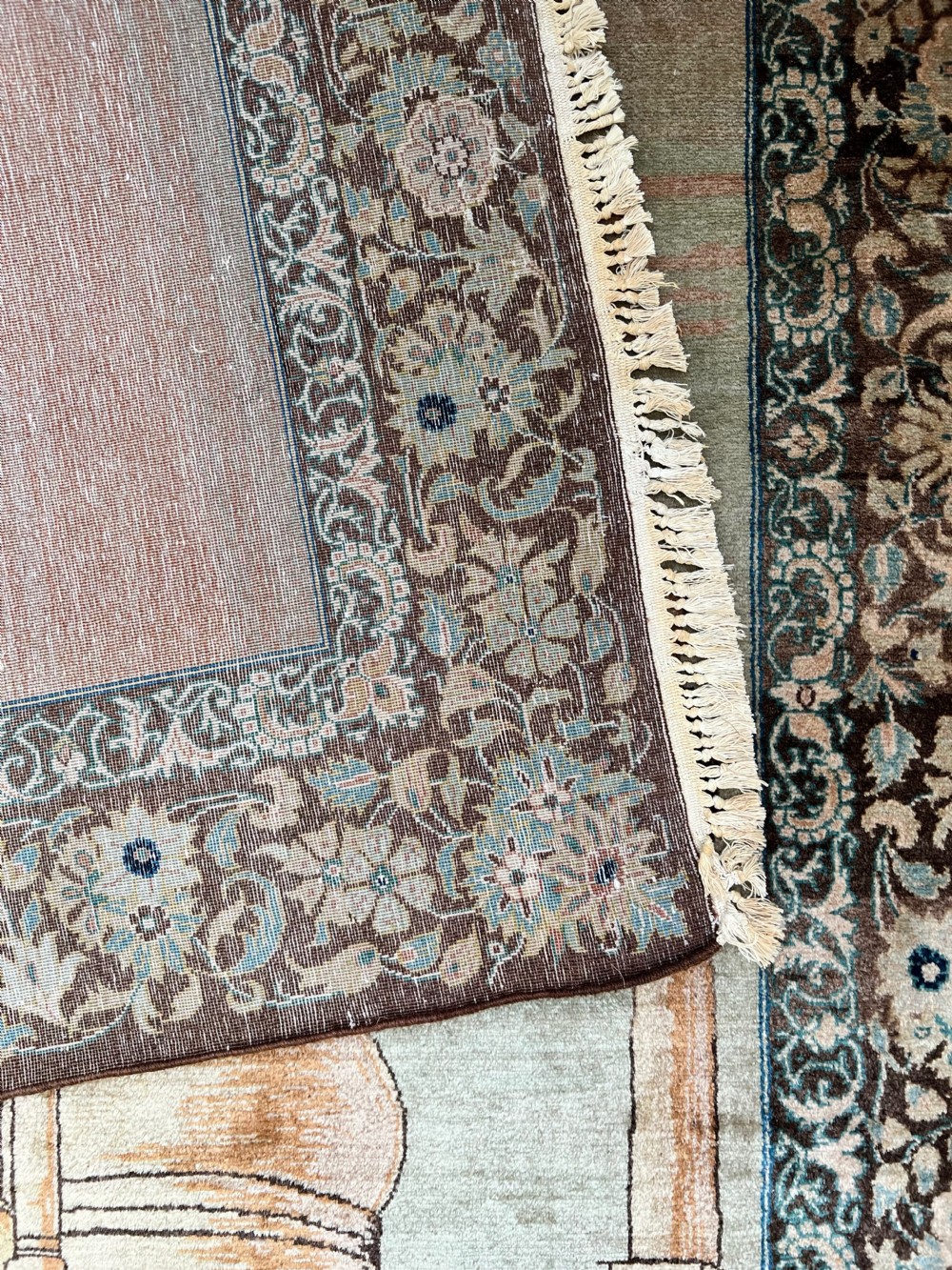 A pair of matching hand-knotted wool Kashan rugs featuring architectural scenes with minarets, domes, Arabic calligraphy, and ornate floral borders. View VIII