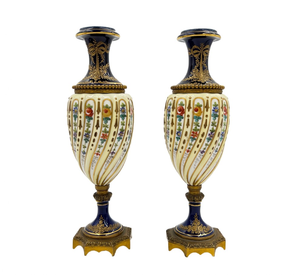 Pair Of French Sevres Style Twisted Body Porcelain & Gilt Bronze Vases 