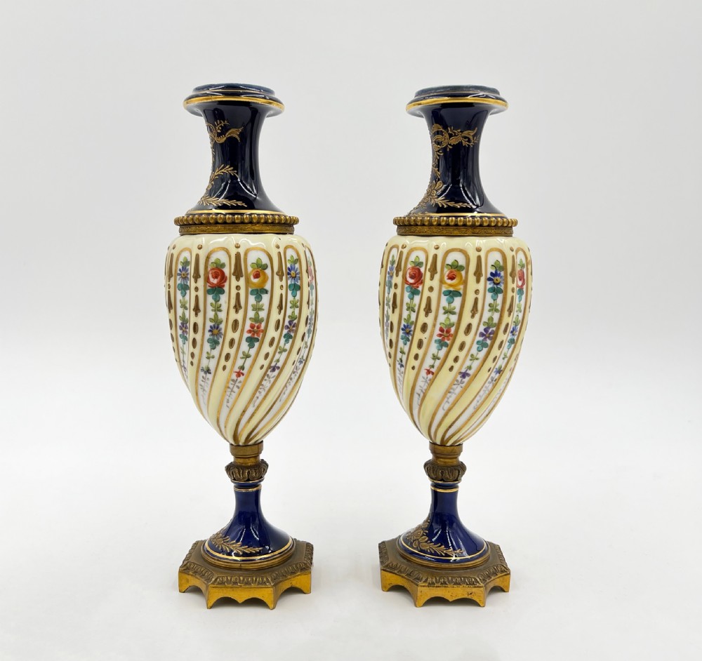 Pair Of French Sevres Style Twisted Body Porcelain & Gilt Bronze Vases  View II