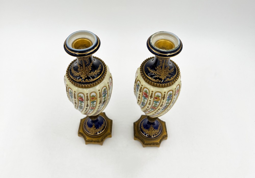 Pair Of French Sevres Style Twisted Body Porcelain & Gilt Bronze Vases  View III