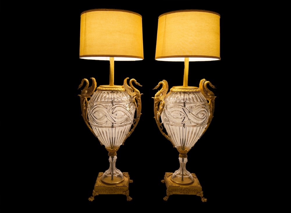 Large Pair Of French Antique Ormolu-Mounted Cut-Glass Vases Fitted As Lamps  View II