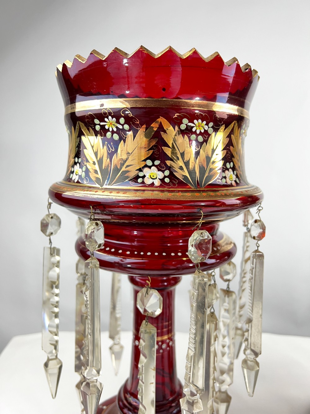 Pair Of Victorian Ruby Glass Lusters With Cut-Glass Drops  View II