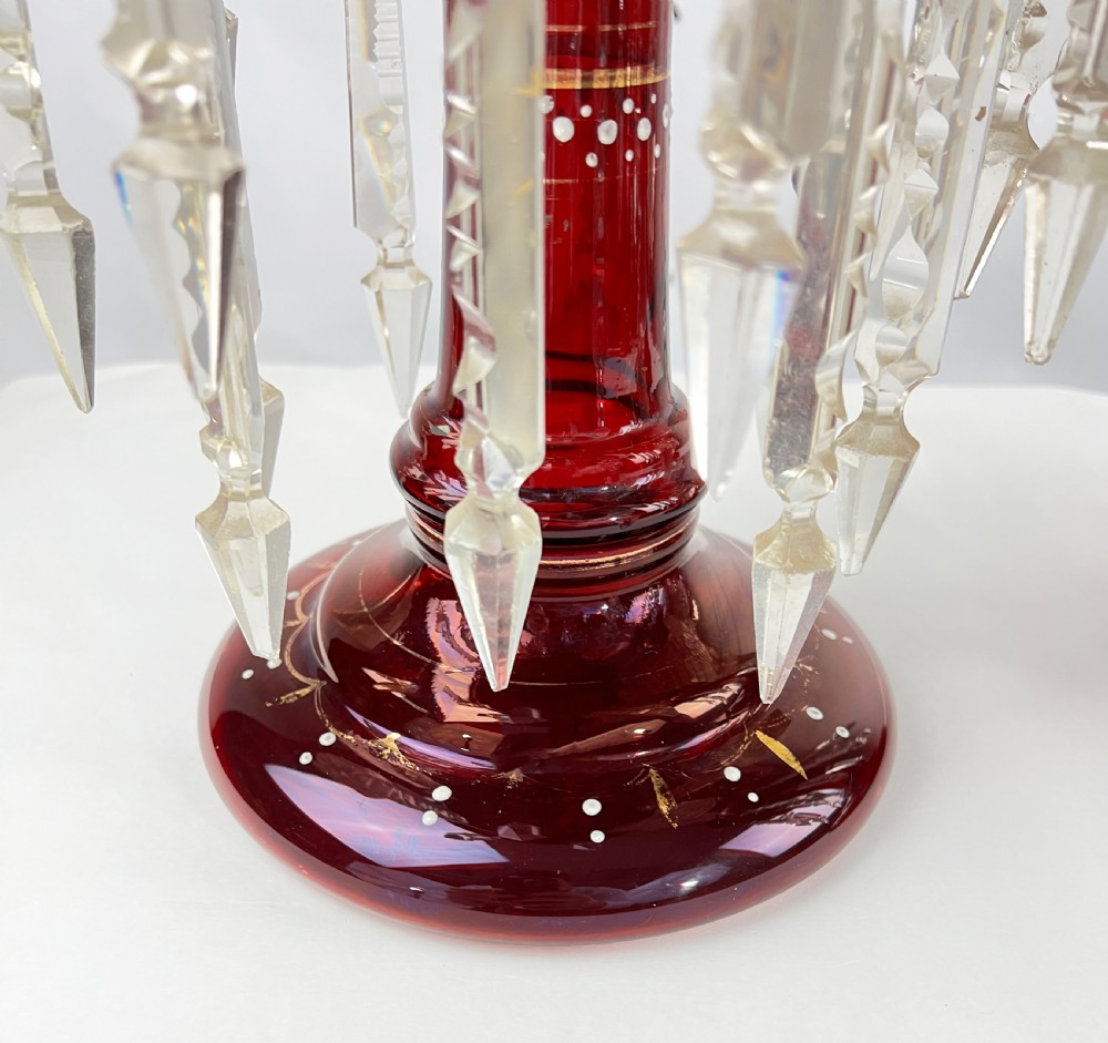 Pair Of Victorian Ruby Glass Lusters With Cut-Glass Drops  View III