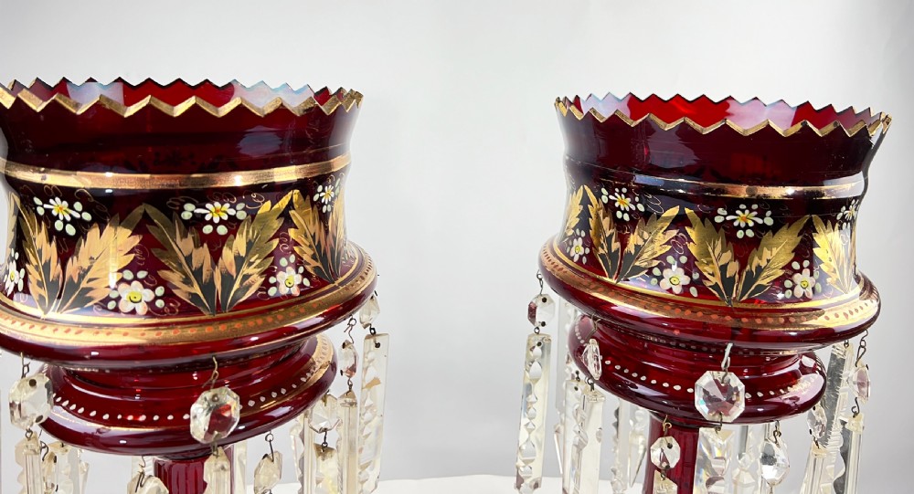 Pair Of Victorian Ruby Glass Lusters With Cut-Glass Drops  View IV