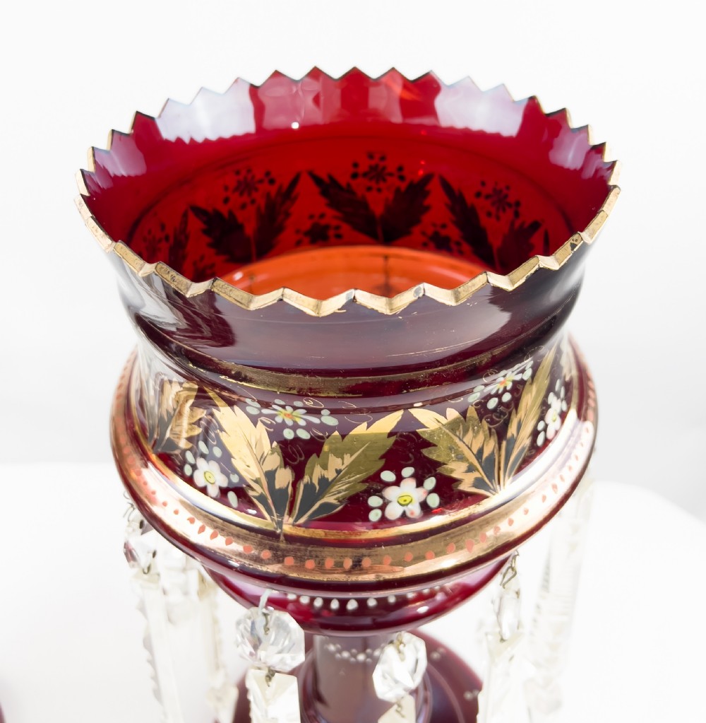 Pair Of Victorian Ruby Glass Lusters With Cut-Glass Drops  View V