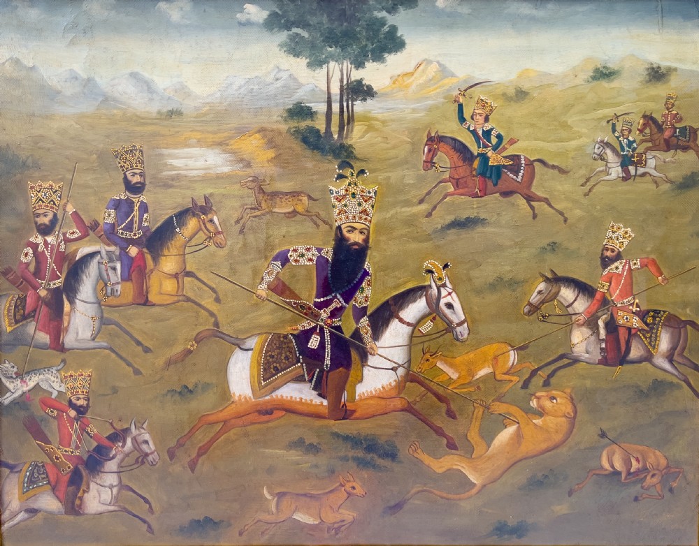 Oil On Canvas Depicts Hunting Scene Of Qajar Ruler Fath 'Ali Shah, Qajar Dynasty  View II