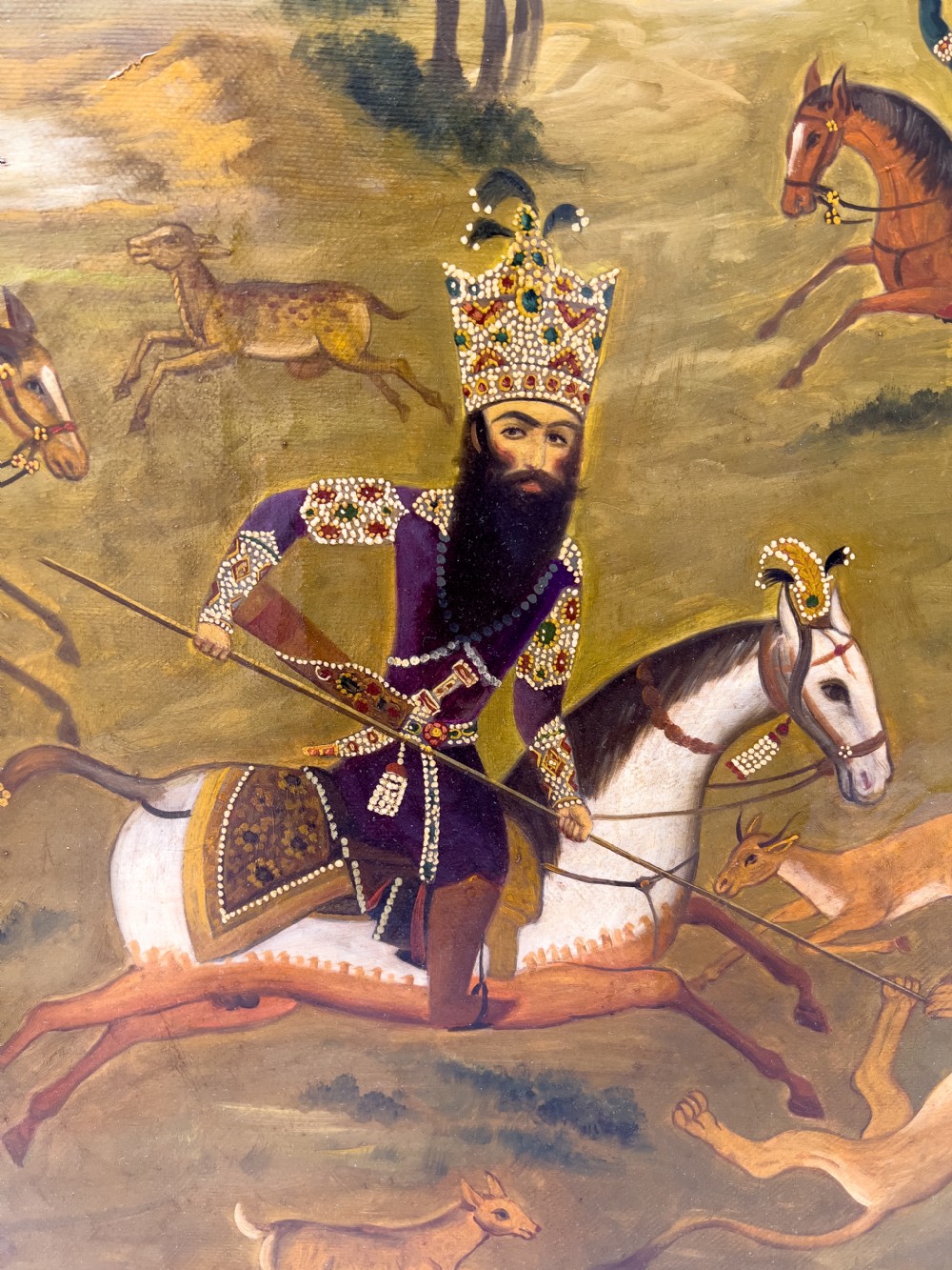 Oil On Canvas Depicts Hunting Scene Of Qajar Ruler Fath 'Ali Shah, Qajar Dynasty  View III
