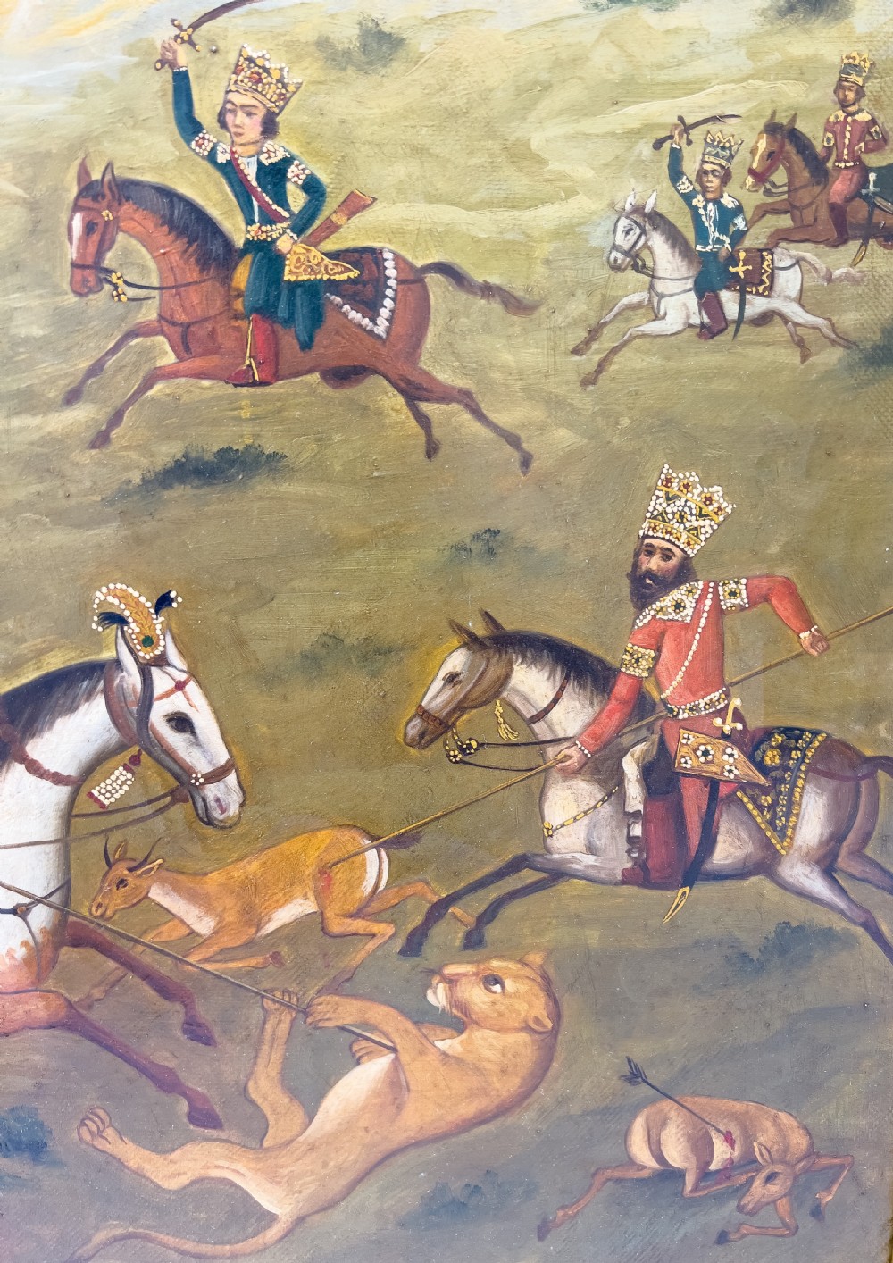 Oil On Canvas Depicts Hunting Scene Of Qajar Ruler Fath 'Ali Shah, Qajar Dynasty  View IV