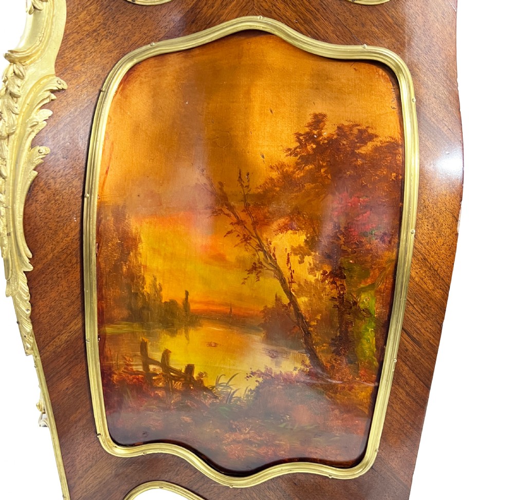 A serpentine French Louis XV style vitrine cabinet featuring gilded ormolu mounts, glazed glass door, and a hand-painted Vernis Martin lower panel depicting romantic figures. View VIII