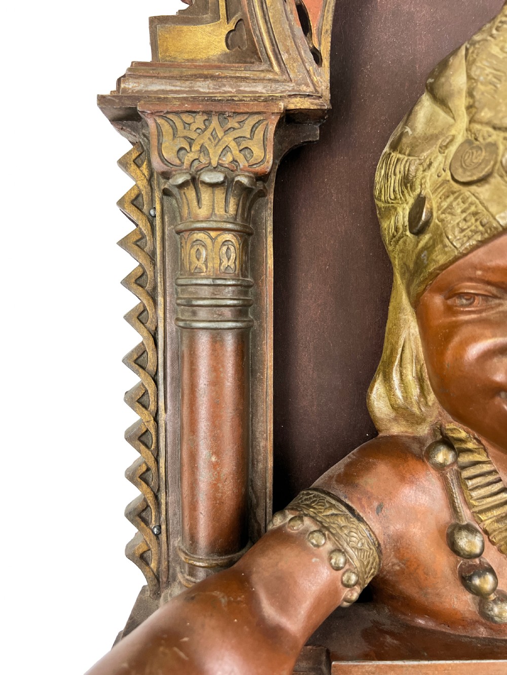 A late nineteenth-century patinated bronze wall light crafted in the Orientalist style, depicting a figure within a decorated Moorish arch. View IV