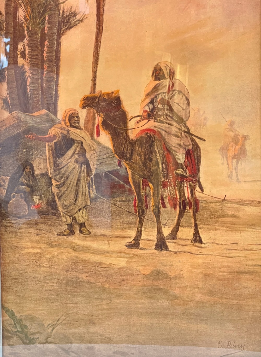 A set of four vertical framed Orientalist prints illustrating Middle Eastern architectural scenes, bazaars, and desert landscapes in ebonised black frames. View VIII