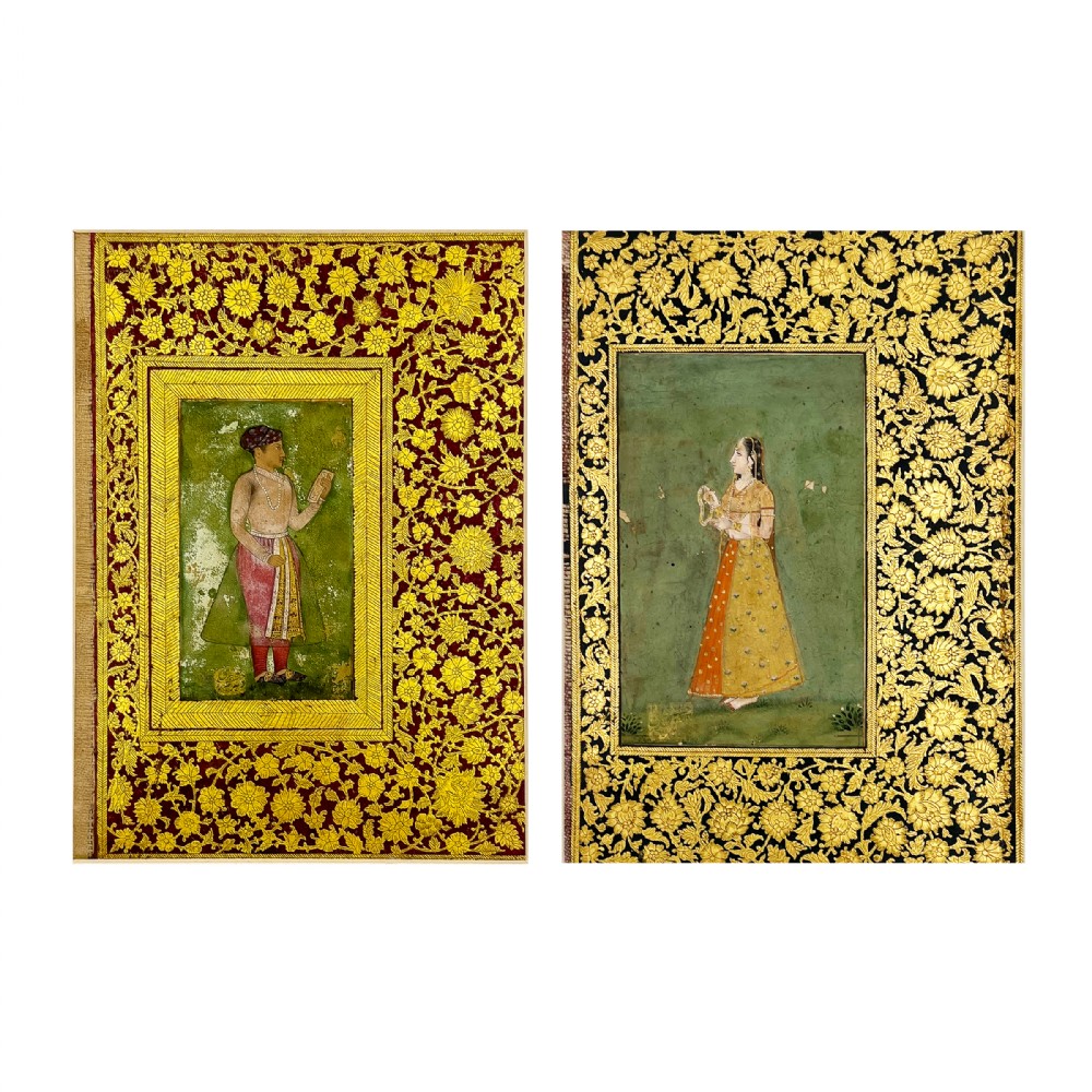 A pair of 18th-century Deccani Indian miniature album pages featuring a male courtier on a red illuminated ground and a female figure on a black illuminated ground.