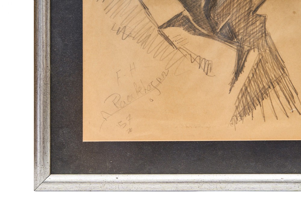 A framed graphite pencil sketch on beige paper depicting a portrait of a man wearing a hat and jacket, signed and dated at the bottom. View II
