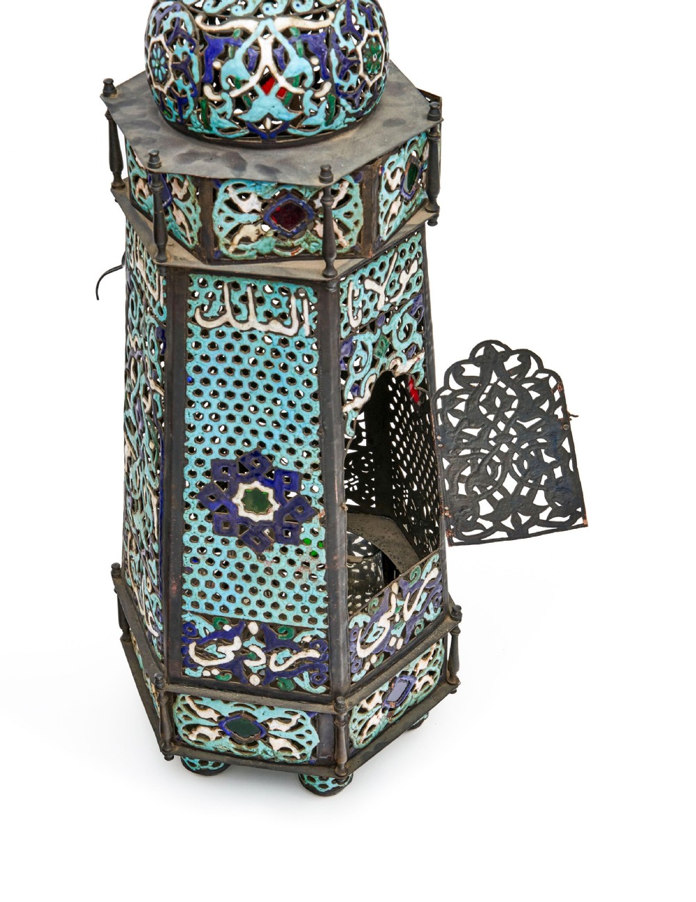 DAMASCUS ENAMELLED COPPER MOSQUE LAMP, 19TH CENTURY  View III