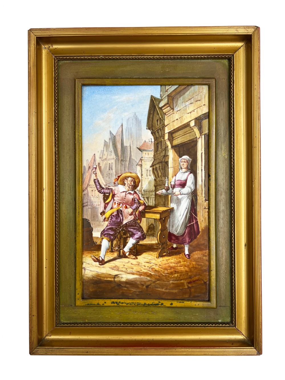 A pair of rectangular gilt-framed porcelain plaques hand-painted with historic French genre scenes featuring figures in period costume. View II