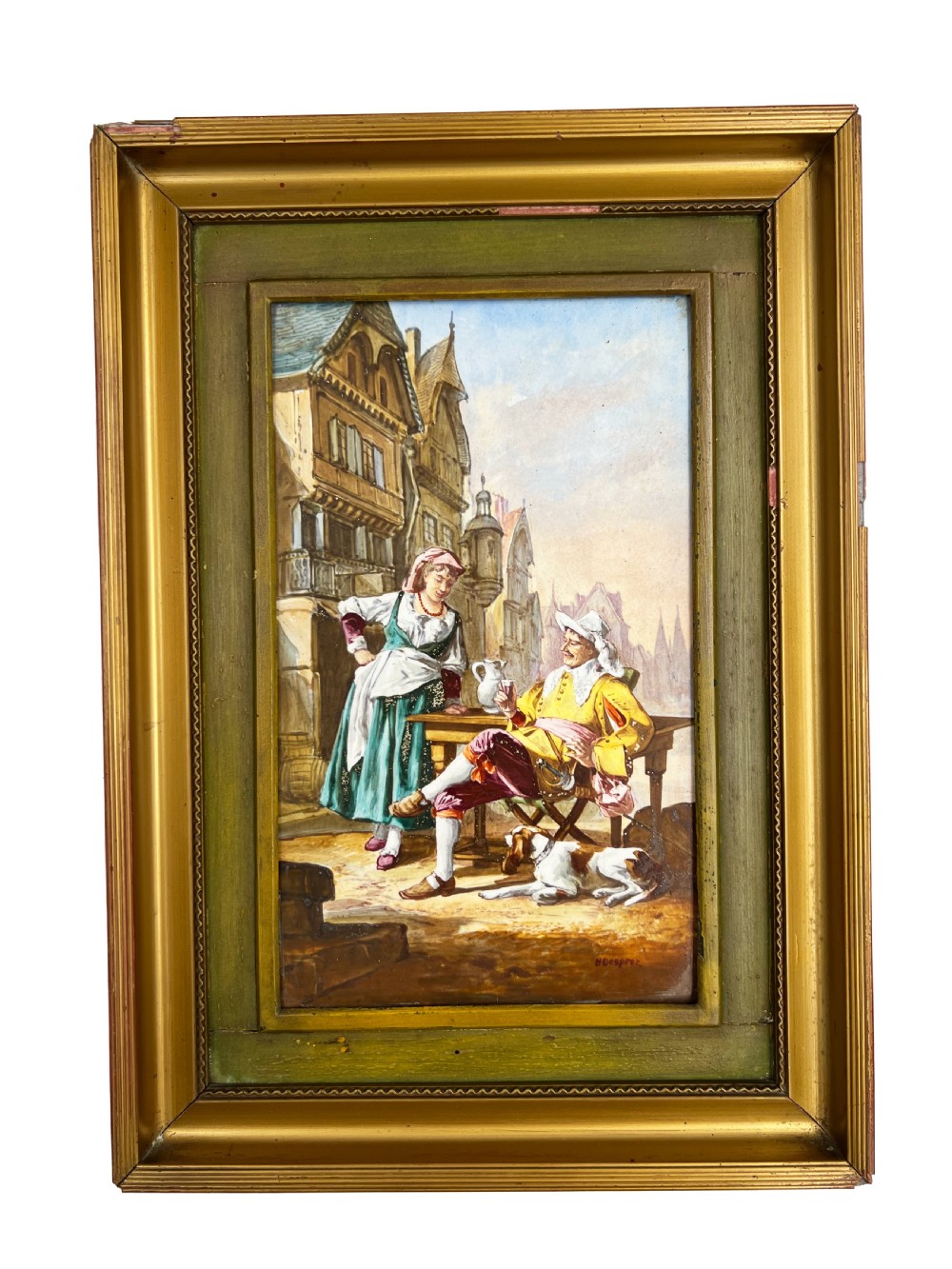 A pair of rectangular gilt-framed porcelain plaques hand-painted with historic French genre scenes featuring figures in period costume. View IV