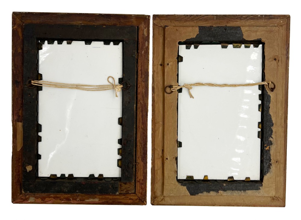A pair of rectangular gilt-framed porcelain plaques hand-painted with historic French genre scenes featuring figures in period costume. View VII