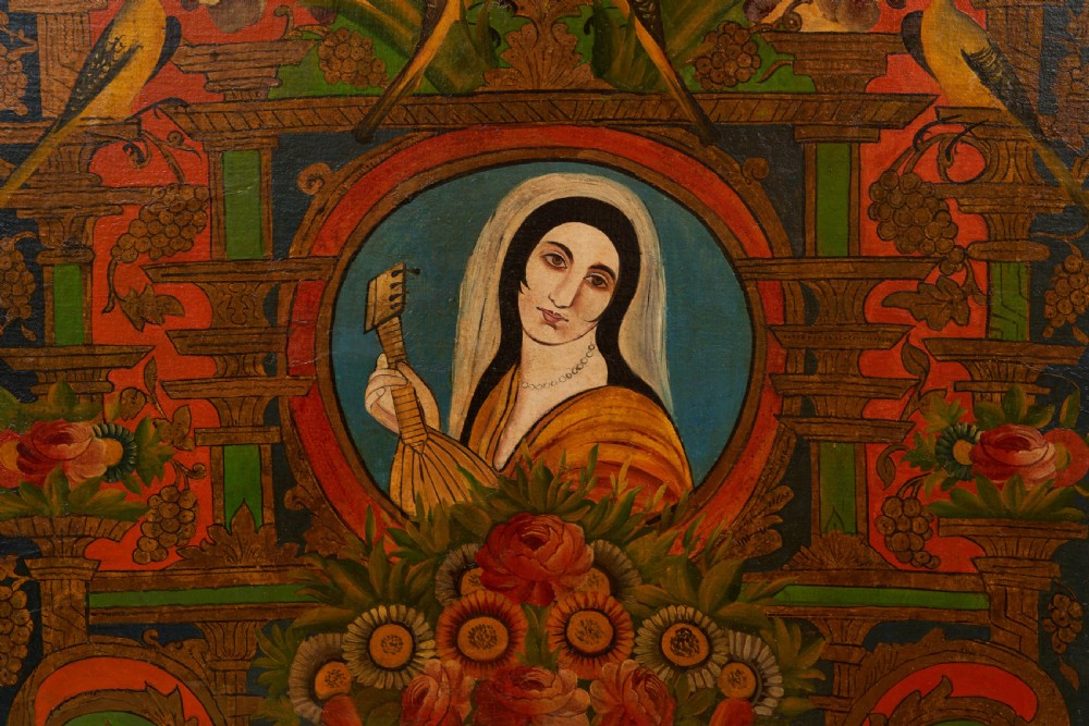 A Large Qajar Oil Painting With Female Portrait And Floral Triumph, Late 19th Century  View II