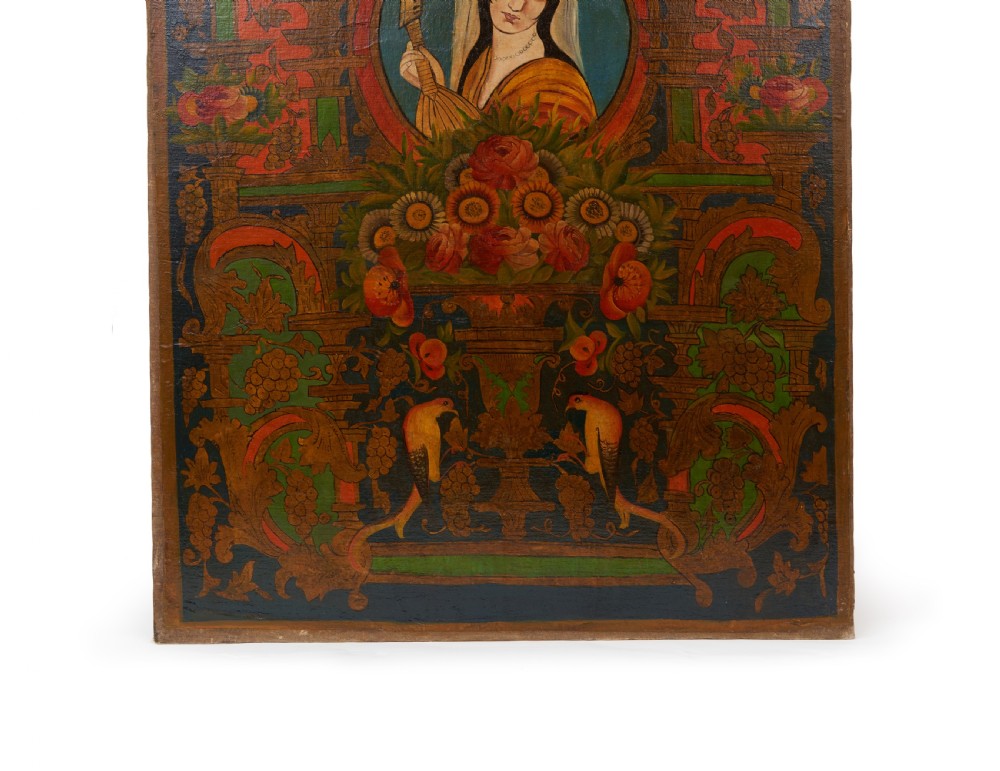 A Large Qajar Oil Painting With Female Portrait And Floral Triumph, Late 19th Century  View III