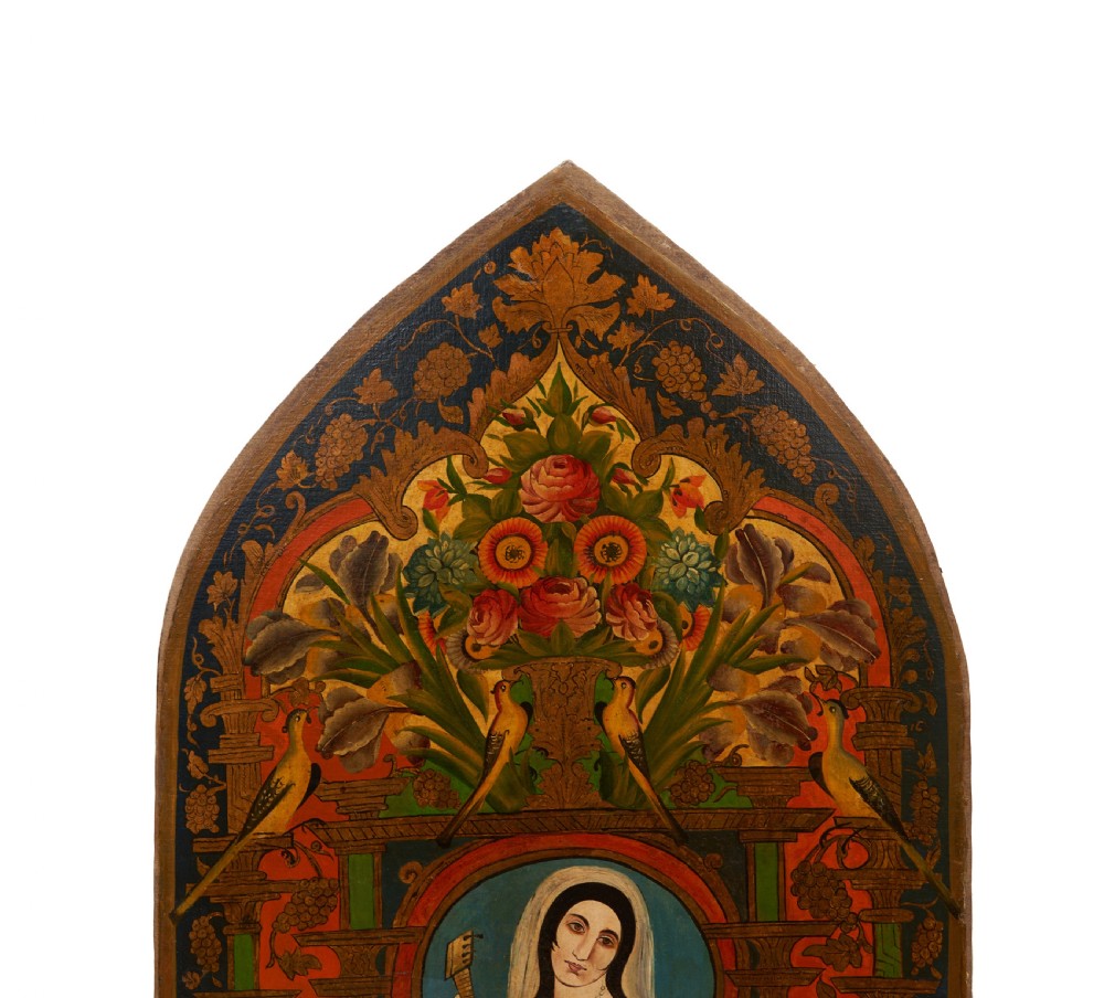 A Large Qajar Oil Painting With Female Portrait And Floral Triumph, Late 19th Century  View IV