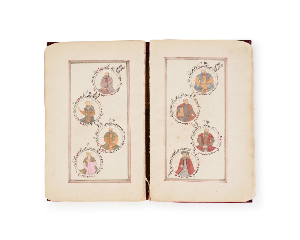 An open 18th-century Ottoman manuscript displaying handwritten script alongside circular miniature portraits within red framed borders on cream paper. View IV
