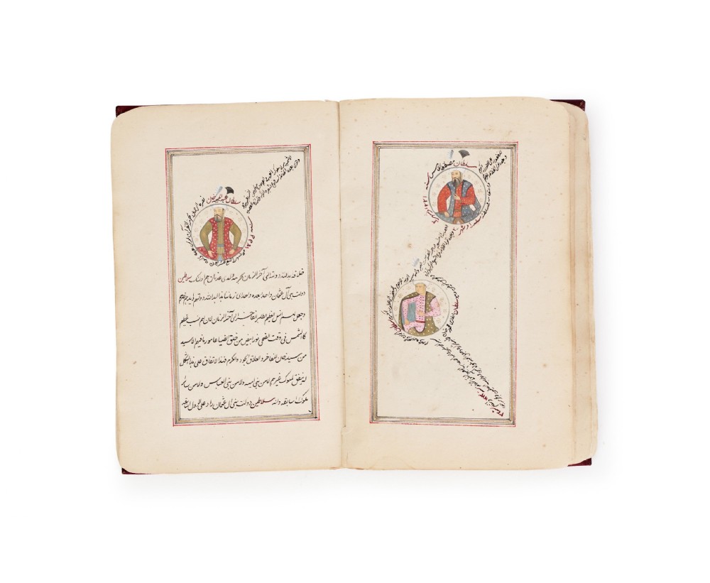 An open 18th-century Ottoman manuscript displaying handwritten script alongside circular miniature portraits within red framed borders on cream paper. View VI