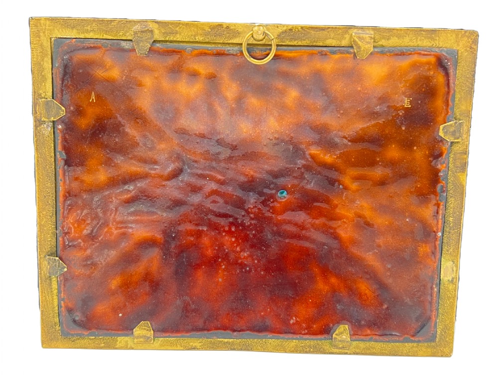 A framed rectangular 19th-century Limoges enamel plaque depicting three figures in medieval attire within a garden setting at night under a starry sky. View III