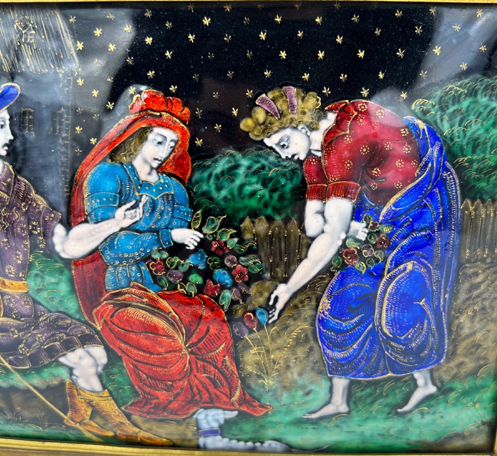 A framed rectangular 19th-century Limoges enamel plaque depicting three figures in medieval attire within a garden setting at night under a starry sky. View IV