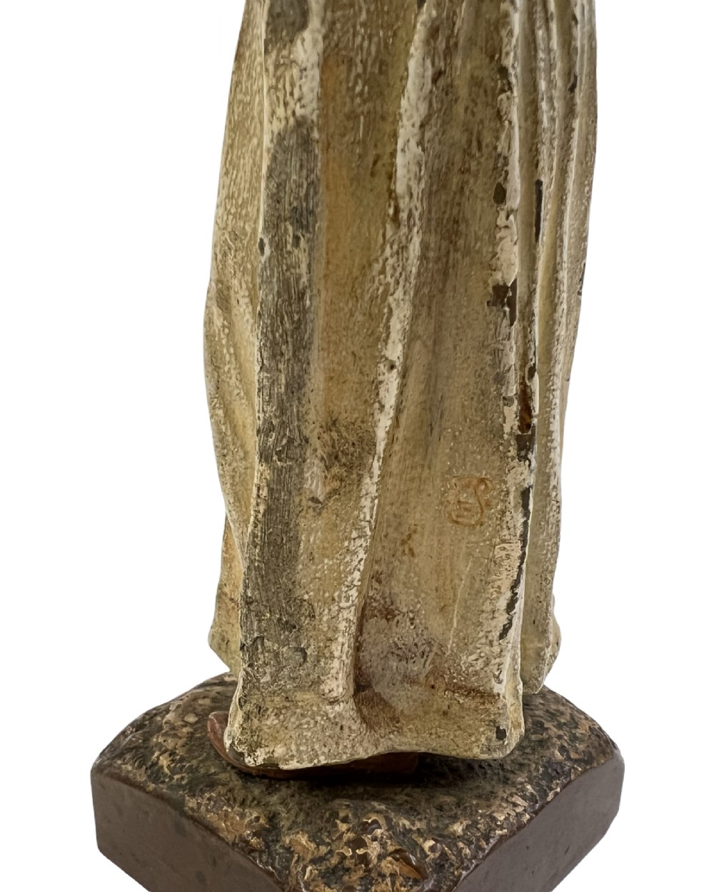 A cold painted bronze statuette depicting a standing whirling dervish with arms crossed, wearing a tall hat and long cream robe. View VI