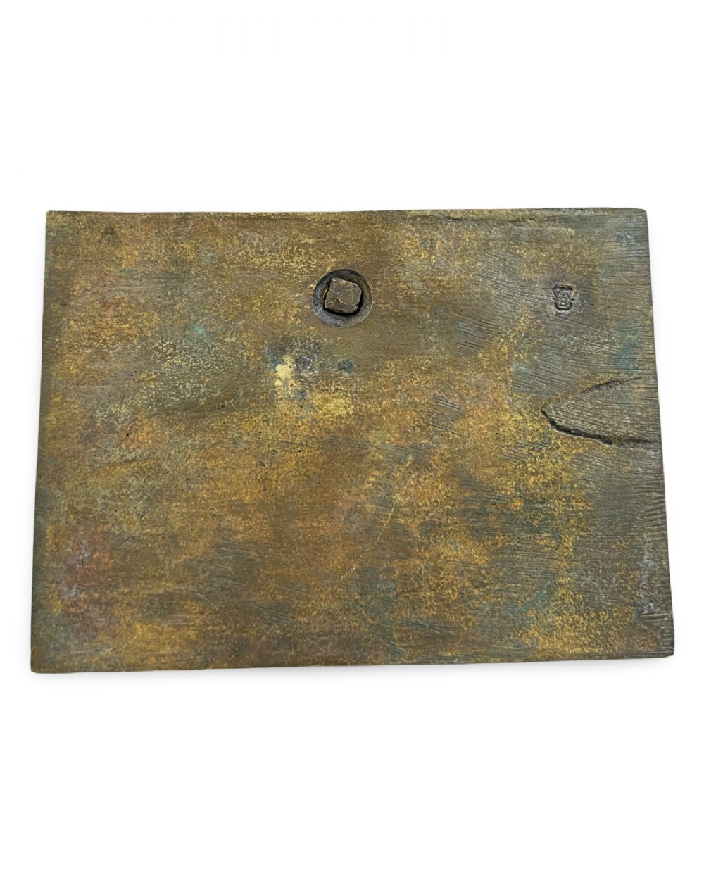 A cold-painted bronze sculpture of a seated snake charmer playing a flute on a rectangular rug base with two coiled snakes. View V