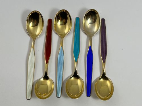 6 NORWEGIAN SILVER GILT AND ENAMEL SPOONSC 1970