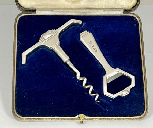Art Deco Silver Antique Cased Corkscrew Set, London 1938