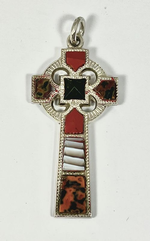 Victorian Antique Silver and Agate Iona Style Cross Pendant C.1880