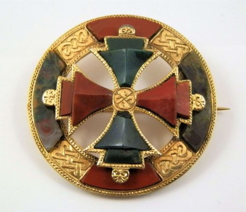 Scottish Victorian Antique Gold Agate Brooch. C.1880