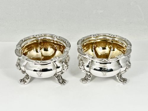 Victorian Antique Silver Pair of Heavy Salt Bowls, John Samuel Hunt 1850