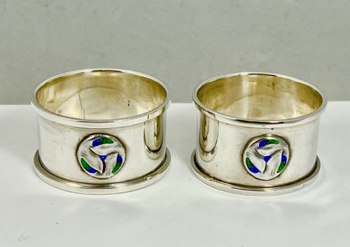 Art Nouveau Silver and Enamel Pair of Napkin Rings by W.h.haseler