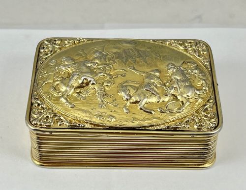 George III Silver Gilt Antique Table Snuff Box, Battle Scene, London 1812
