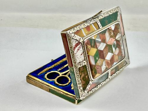 Scottish Antique Victorian Silver and Agate Sewing Case, C.1860