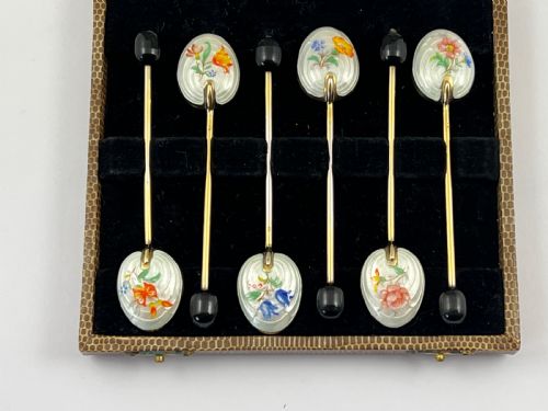 Elizabeth II Cased Set of Gilt and Enamelled Coffee Spoons, 1953