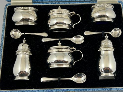 Cased 9 Piece Antique Silver Condiment Set by Henderson & Sorley. Glasgow 1936