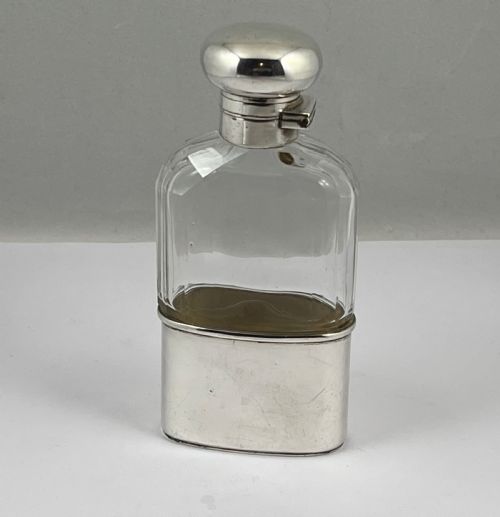 Edwardian Antique Glass and Silver Hip Flask, London 1909