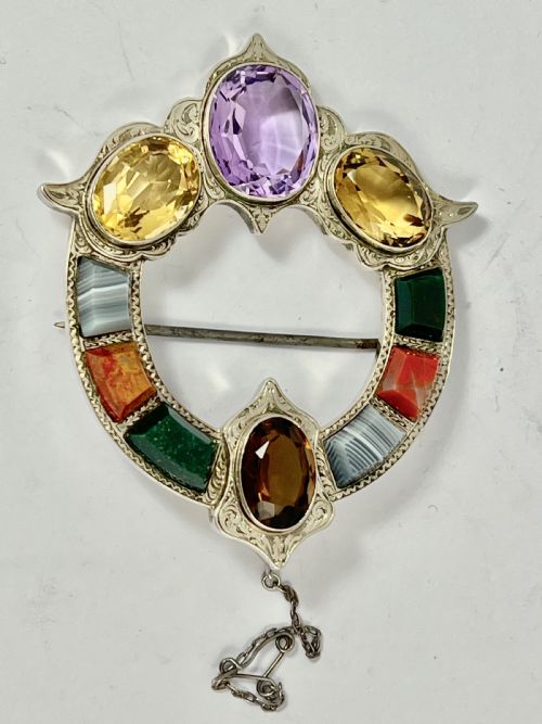 Victorian Silver, Agate and Semi-precious Stone Brooch, C.1880