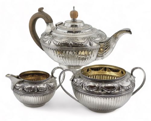 Victorian Antique Silver Adam Revival Style Teaset, London 1880.
