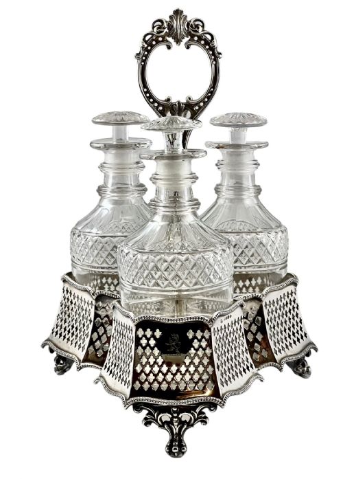 Victorian Antique Silver Three Bottle Decanter Set, Sheffield 1856