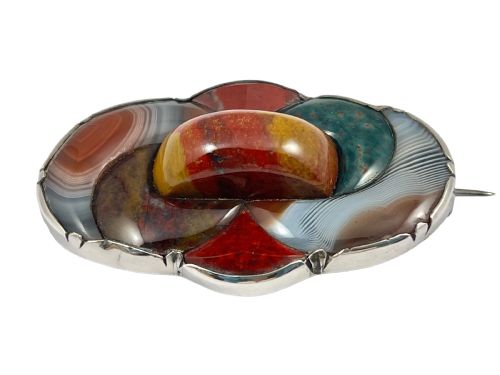 Victorian Antique Scottish Silver and Agate Brooch, C1880