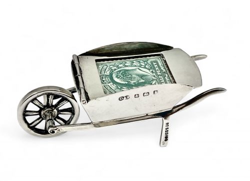 Edwardian Antique Silver Wheel Barrow Stamp Box, Birmingham 1907