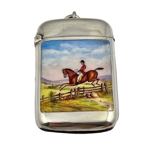 Victorian Antique Silver and Enamelled Vesta Case, Birmingham 1891