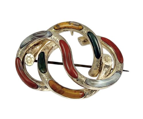Victorian Antique Silver and Agate Knot Brooch, Scottish C.1880